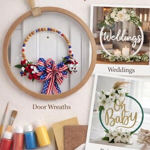 Pu&ograve; includere: Un anello in legno MDF da 40,6 cm con la scritta "Endless Craft Ideas!". L'immagine presenta ghirlande per porte, decorazioni per matrimoni e decorazioni per baby shower. Sono visibili anche materiali per l'artigianato.