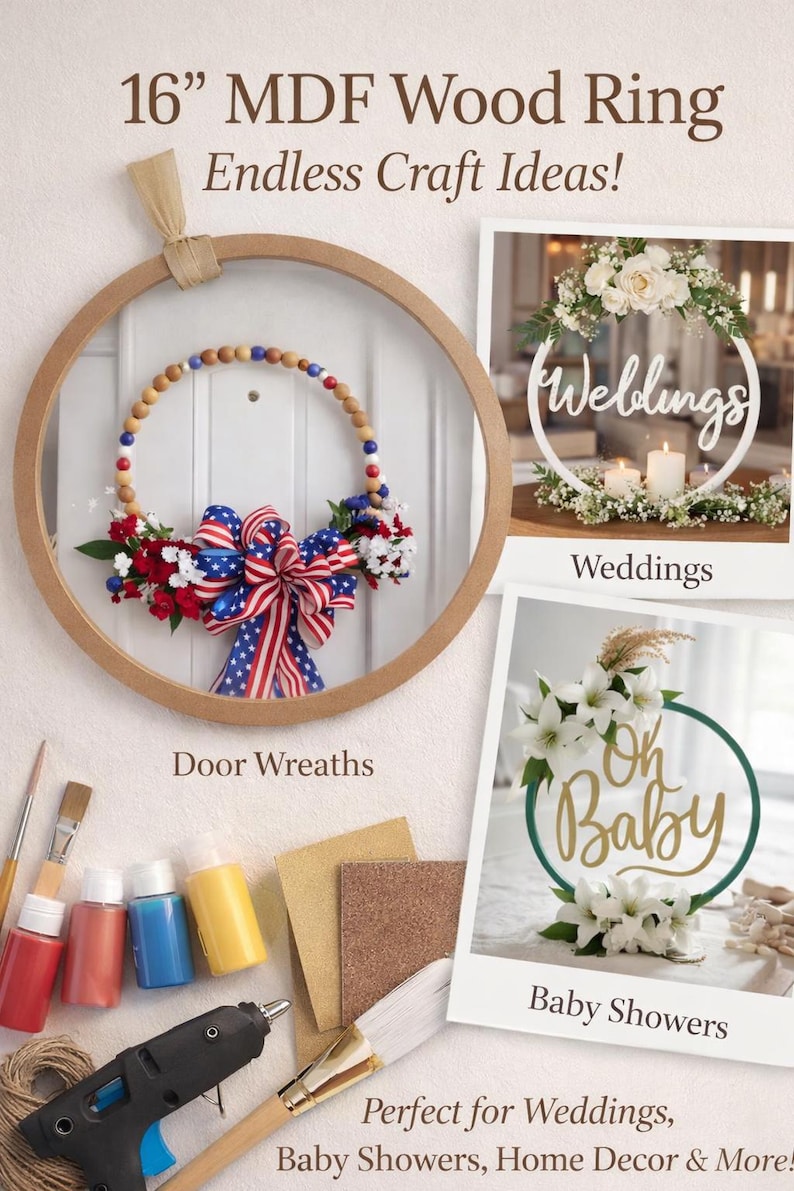 Pu&ograve; includere: Un anello in legno MDF da 40,6 cm con la scritta "Endless Craft Ideas!". L'immagine presenta ghirlande per porte, decorazioni per matrimoni e decorazioni per baby shower. Sono visibili anche materiali per l'artigianato.