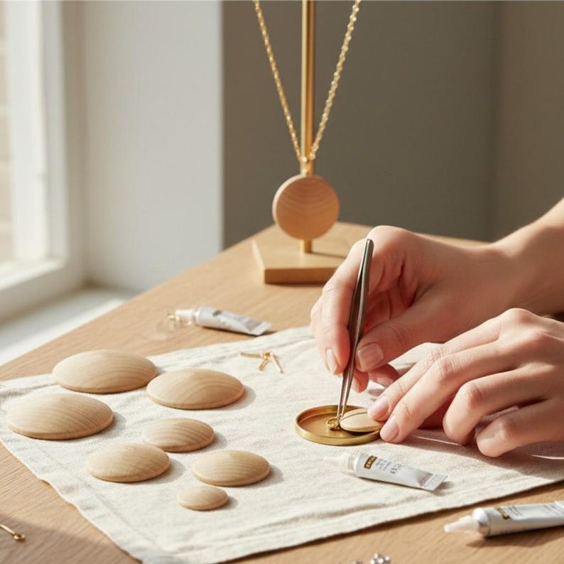 May include: A pair of hands uses metal tweezers to place a small, smooth, light-colored wooden dome into a circular gold-toned metal setting. Several other wooden domes of varying sizes are arranged on a light-colored fabric cloth.