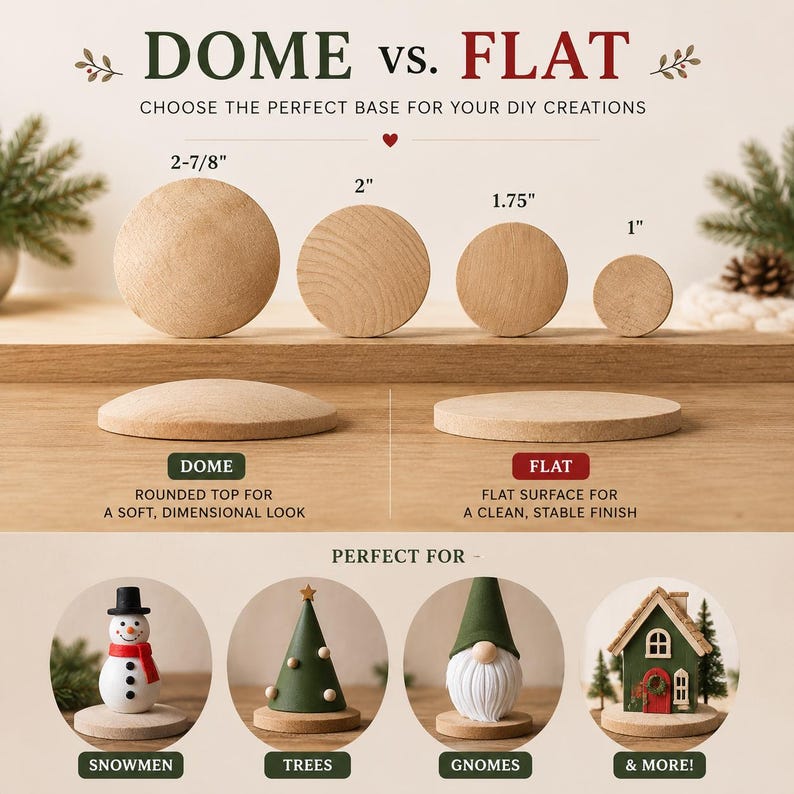 May include: A comparison chart titled DOME vs. FLAT showing wooden bases. Dome bases are 2-7/8 inches, while flat bases are 2, 1.75, and 1 inches. Examples show bases used for a snowman, tree, gnome, and house figurine, illustrating their use for DIY crafts.