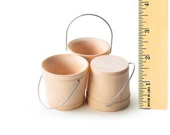 QTY 50- 1-7/8" Tall Natural Wooden Bucket With Wire Handle, Wooden Pail with Wooden Scoop, Miniature Bucket,Wedding Bucket- FREE US Shipping