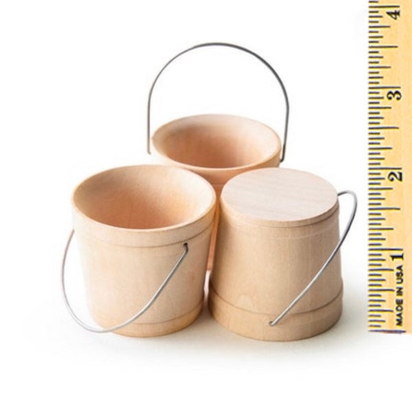 QTY 30- 1-7/8" Tall Natural Wooden Bucket With Wire Handle, Wooden Pail with Wooden Scoop, Miniature Bucket,Wedding Bucket- FREE US Shipping