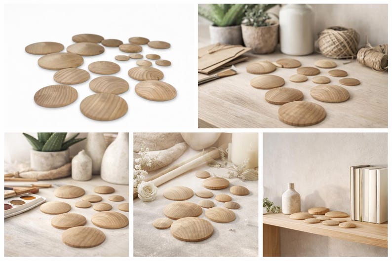 May include: A collection of circular wooden discs with a smooth, domed top surface and a natural light brown wood grain finish. These small, rounded wooden pieces vary in diameter and are arranged in groups, showcasing their simple, curved shape.