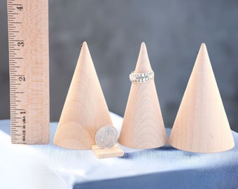 QTY 10- Wooden Cones, Natural Wood Cone, Jewelry Display, Photo Prop, Kids Craft, Handle for Stamp, Top of House, Wood Tree, Cake Tree Decor