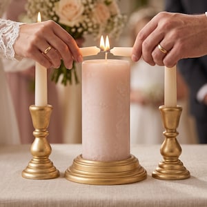 May include: A large, cylindrical, pale pink pillar candle sits on a gold base, flanked by two thinner, off-white taper candles in matching gold holders. Two individuals hold the taper candles to light the central pillar candle simultaneously.