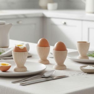 May include: Three light-colored wooden egg cups, two holding whole brown eggs and one holding a soft-boiled egg with a visible yellow yolk. A separate half of a soft-boiled egg sits on a white plate next to a silver spoon and a silver knife.