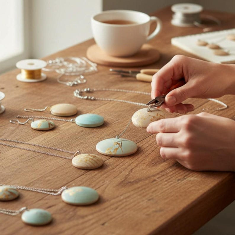 May include: A collection of round, flat pendants in shades of pale blue, cream, and white, each featuring gold-toned leaf-like patterns. The pendants are attached to thin silver-colored chains, with some pieces showing pliers adjusting a jump ring.