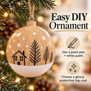 May include: A round wooden Christmas ornament featuring a black line drawing of a house and pine trees with white painted dots. Text reads: Easy DIY Ornament, Use a paint pen + white paint, and Choose a glossy protective top coat.
