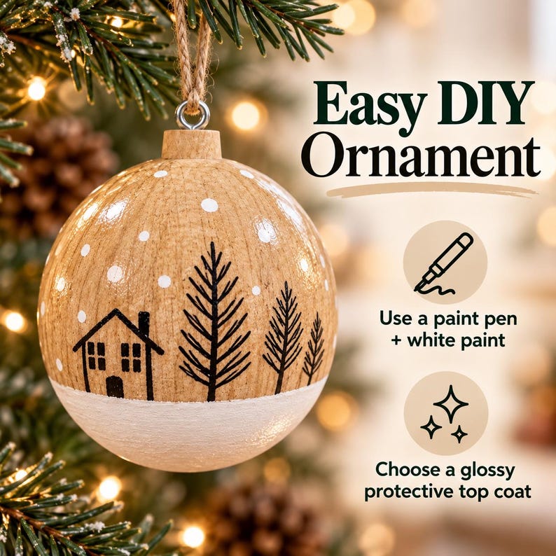 May include: A round wooden Christmas ornament featuring a black line drawing of a house and pine trees with white painted dots. Text reads: Easy DIY Ornament, Use a paint pen + white paint, and Choose a glossy protective top coat.