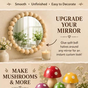 May include: Unfinished wood split ball halves in various sizes ranging from 1 inch to 3 inches in diameter. The image displays these wooden hemispheres used for crafting projects like mirror frames, mushroom figures, ornaments, and wreath accents.