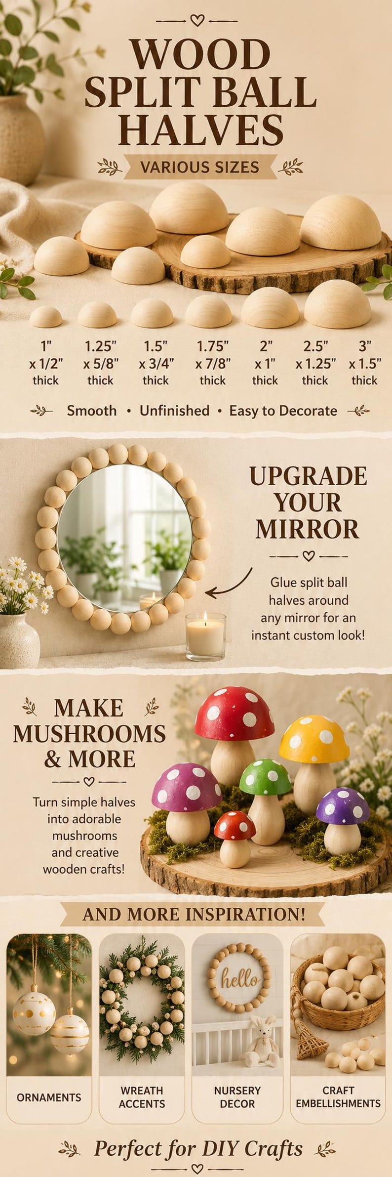 May include: Unfinished wood split ball halves in various sizes ranging from 1 inch to 3 inches in diameter. The image displays these wooden hemispheres used for crafting projects like mirror frames, mushroom figures, ornaments, and wreath accents.