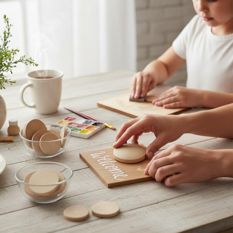May include: A wooden craft project featuring a rectangular board with the word Welcome written in white script. The set includes multiple small, round, unfinished wooden discs, a watercolor paint palette, and a white ceramic mug.