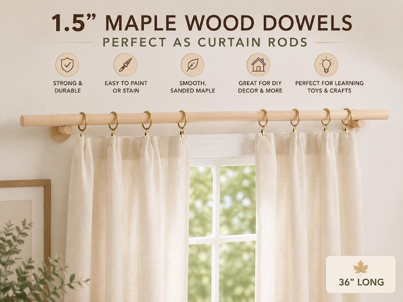 1.5 Inch Maple Wood Dowel Rod Thick Wood Pole Flag Stick DIY Craft Wood Peg Hardwood Cylinder Solid Curtain Rod Wood Dowel Home Decor image 2