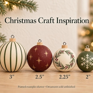 May include: Four round wooden Christmas ornaments with metal hanging loops, labeled with sizes 3 inches, 2.5 inches, 2.25 inches, and 2 inches. The ornaments feature painted designs including green stripes, gold stars on red, a wreath, and a white snowflake.