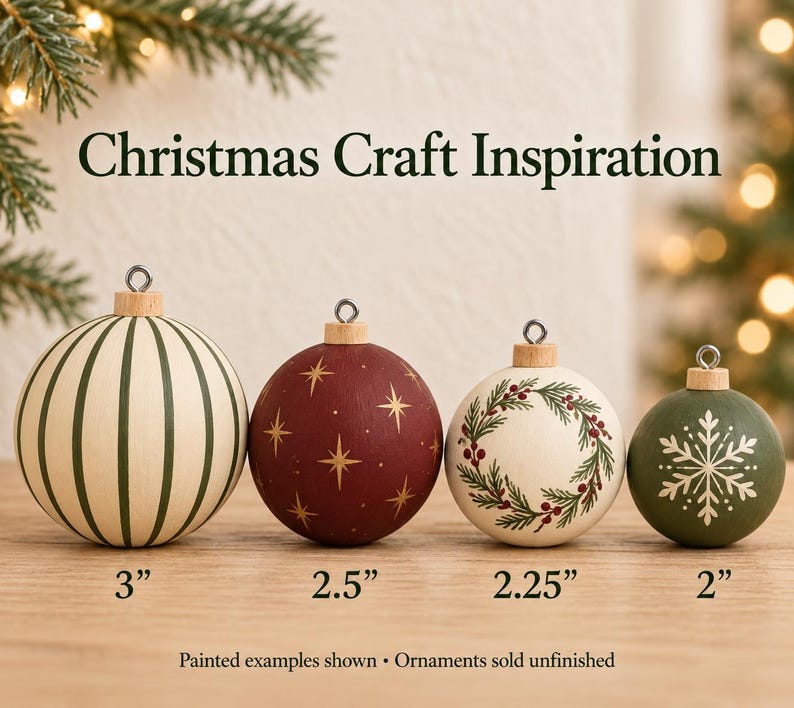 May include: Four round wooden Christmas ornaments with metal hanging loops, labeled with sizes 3 inches, 2.5 inches, 2.25 inches, and 2 inches. The ornaments feature painted designs including green stripes, gold stars on red, a wreath, and a white snowflake.