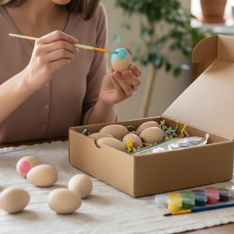 Child Art Project Easter Craft Kit Creative Activity Set Wooden Egg Painting Collection Educational Development Fine Motor Skills Sustainable Materials Reusable Decoration Eco Friendly Design Spring Celebration Family Tradition Easter