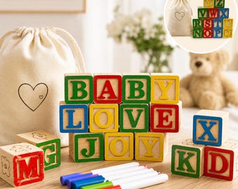 Blocos de alfabeto de madeira, ideia de presente para chá de bebê, decoração de quarto de bebê, brinquedo educativo em estilo retrô, adereço para fotos, topo de bolo, conjunto ABC, feito à mão.