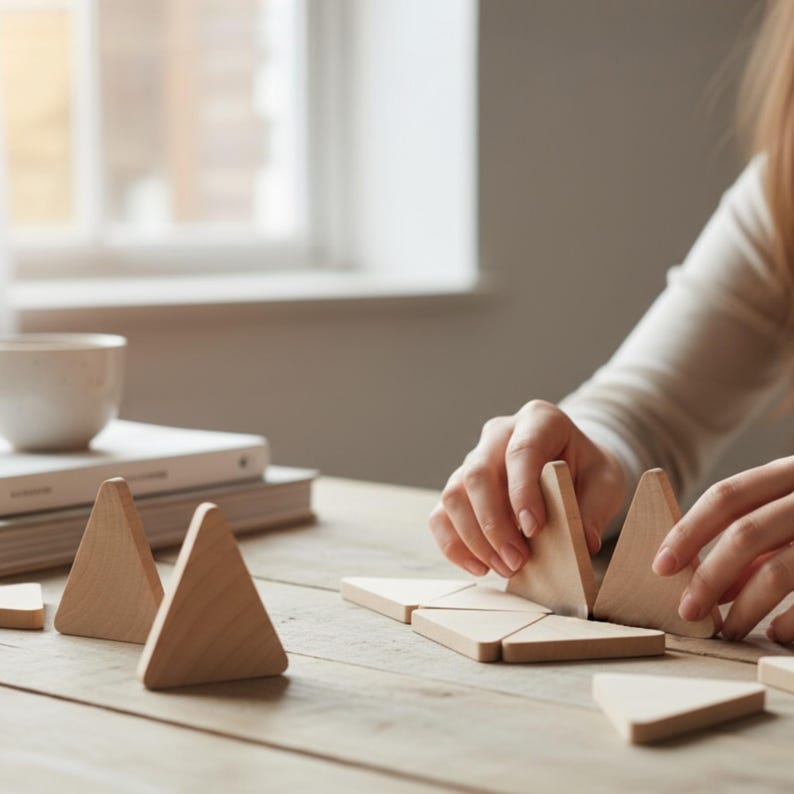 May include: A set of light-colored wooden triangles arranged on a flat surface. Several triangles are standing upright while others lie flat, forming a geometric pattern. The pieces are smooth, unfinished wood with visible natural grain patterns.