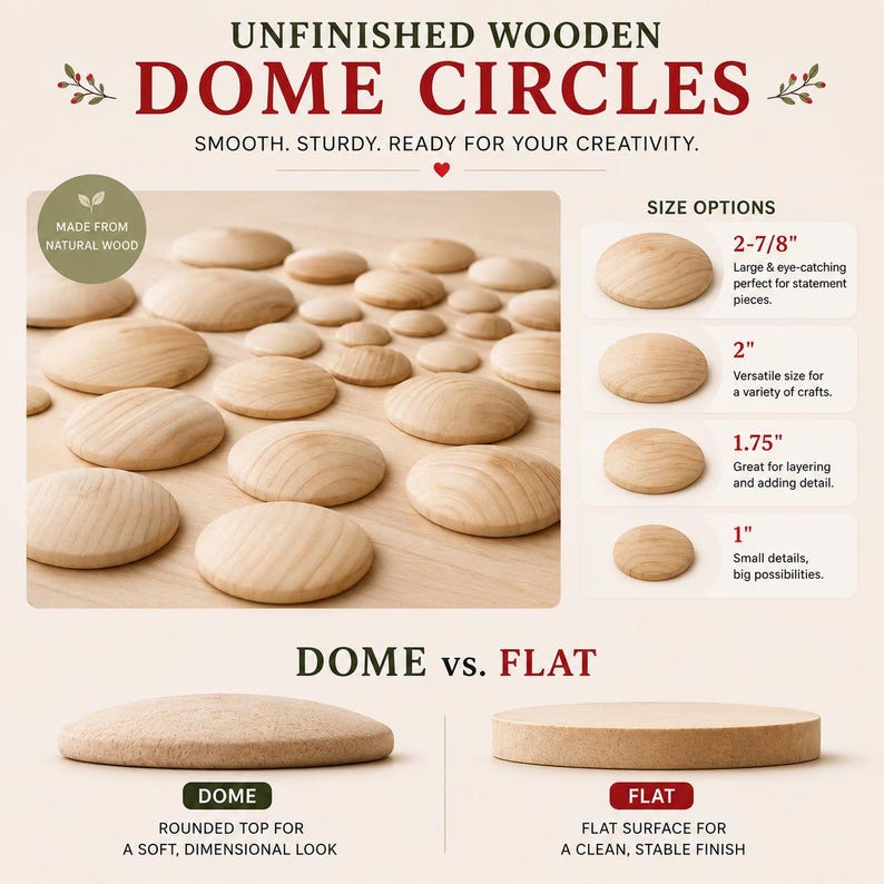 May include: Unfinished wooden dome circles in various sizes including 2-7/8 inch, 2 inch, 1.75 inch, and 1 inch diameters. The light-colored wood pieces feature a rounded top surface. The image includes text labels comparing dome and flat shapes.