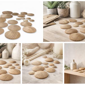 May include: A collection of circular wooden discs with a smooth, domed top surface and a natural light brown wood grain finish. These small, rounded wooden pieces vary in diameter and are arranged in groups, showcasing their simple, curved shape.