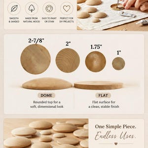 May include: A collection of unfinished wooden domes and flat circles in various sizes including 2-7/8 inches, 2 inches, 1.75 inches, and 1 inch. The set includes text labels describing the shapes and uses for painting, staining, and jewelry making.
