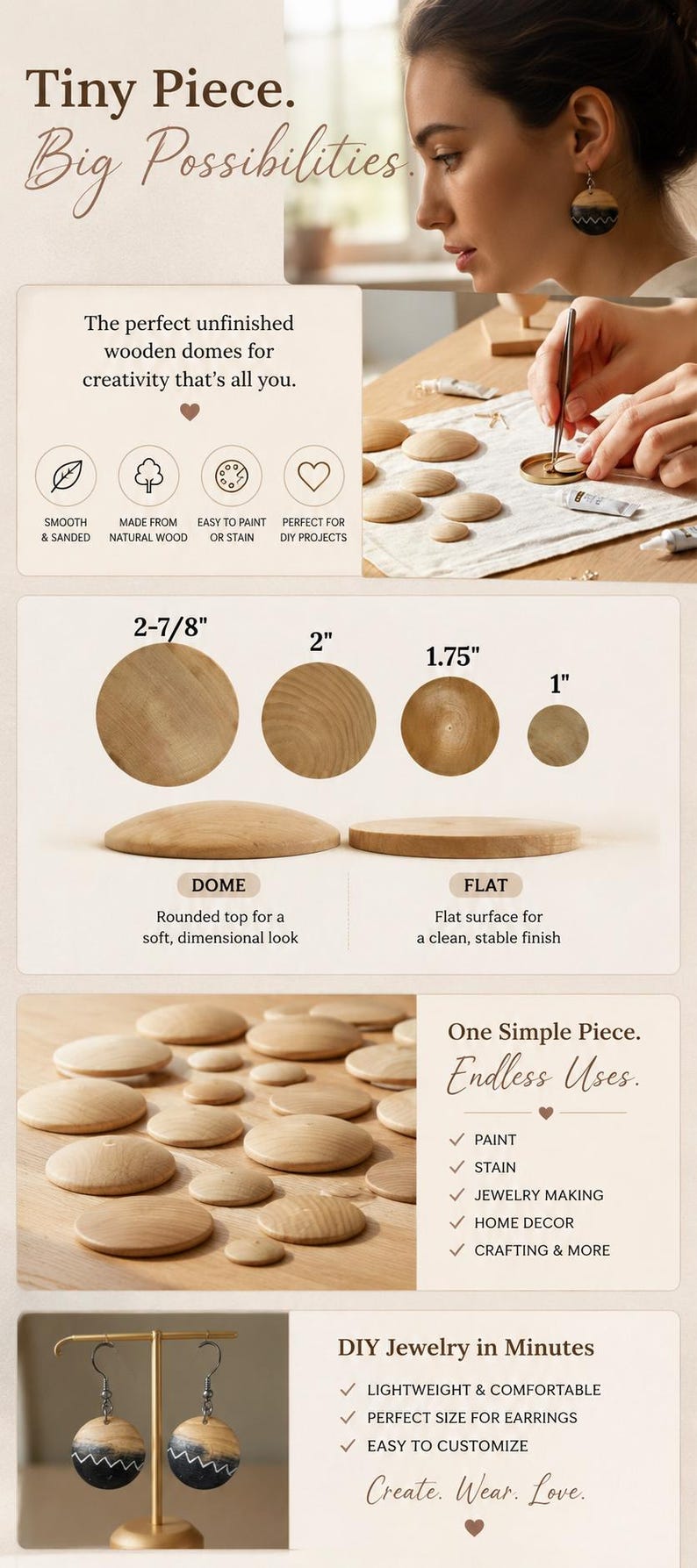May include: A collection of unfinished wooden domes and flat circles in various sizes including 2-7/8 inches, 2 inches, 1.75 inches, and 1 inch. The set includes text labels describing the shapes and uses for painting, staining, and jewelry making.