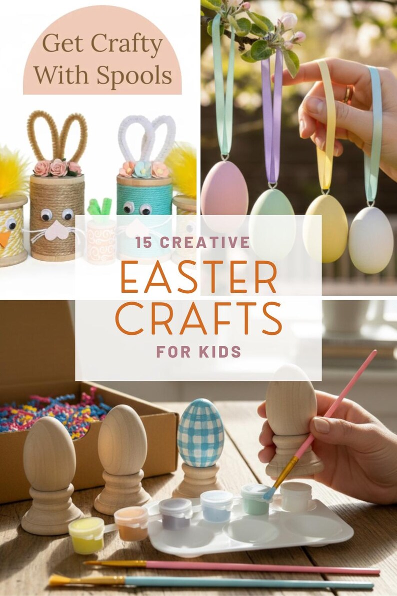 Op de afbeelding: Een afbeelding met paasknutselwerkjes voor kinderen. Het bevat versierde spoelen, pastelkleurige hangende eieren en houten eieren met verf en penselen. De tekst luidt "Get Crafty With Spools" en "15 Creative Easter Crafts For Kids."