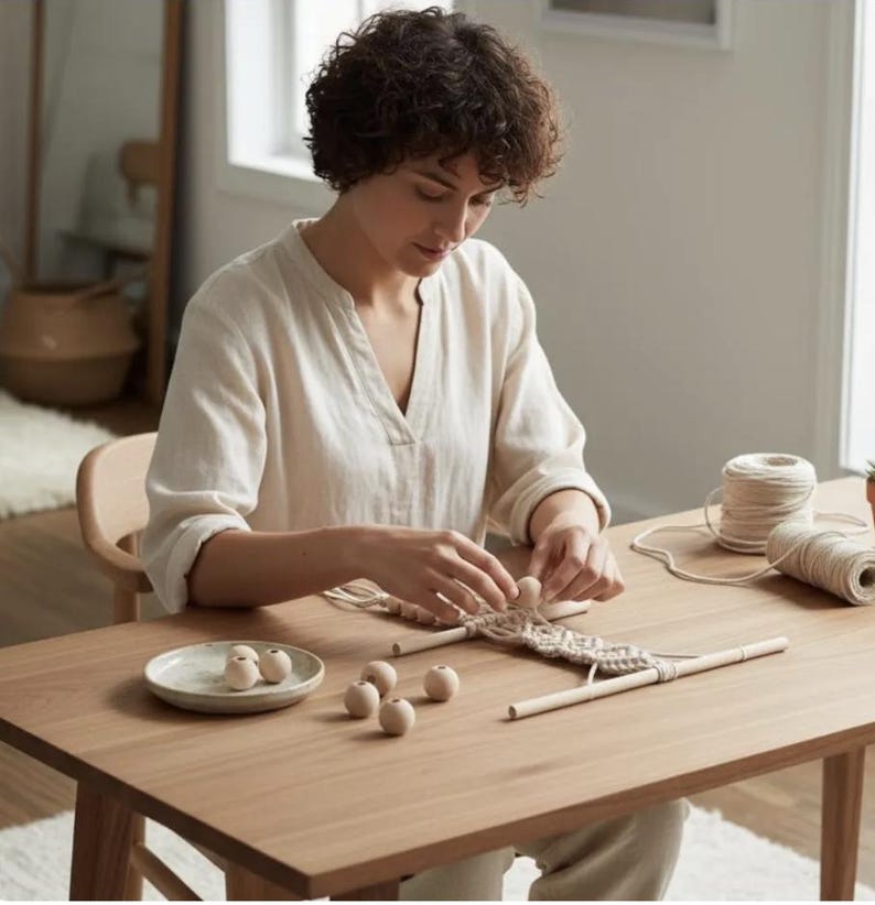 May include: A macrame wall hanging project in progress featuring natural cotton cord, light-colored wooden dowels, and several smooth, round wooden beads. The project is laid out on a wooden table with a small ceramic dish holding extra beads.