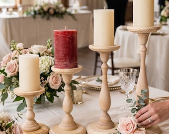 Wooden Candlestick Holder Tall Centerpiece Wedding Table Decoration Idea Rustic Design Elegant Display Natural Wood Diy Project Craft Supply
