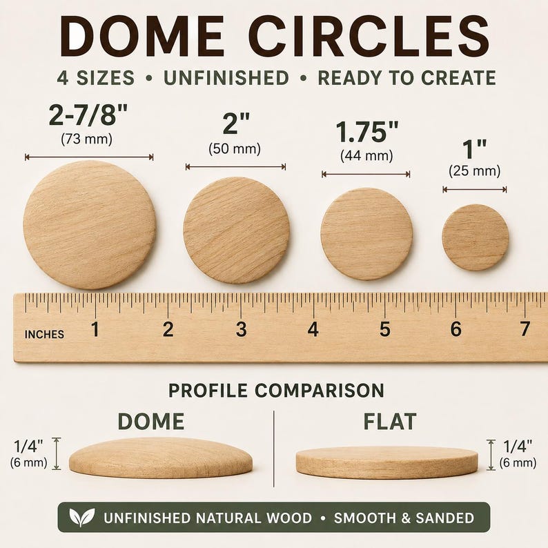 May include: Four unfinished natural wood dome circles in sizes 2-7/8 inches, 2 inches, 1.75 inches, and 1 inch, displayed with a wooden ruler. A profile comparison shows a dome and flat shape, both 1/4 inch thick. Text reads DOME CIRCLES.