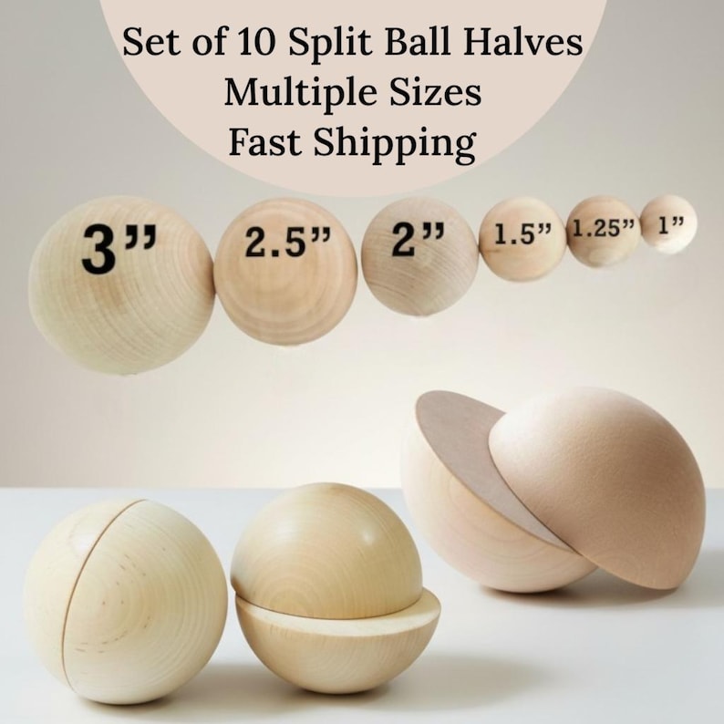 May include: A set of 10 light-coloured wooden split ball halves in various sizes, ranging from 1 inch to 3 inches in diameter. The spheres are shown as whole units and separated into individual halves, displaying a smooth, natural wood grain texture.