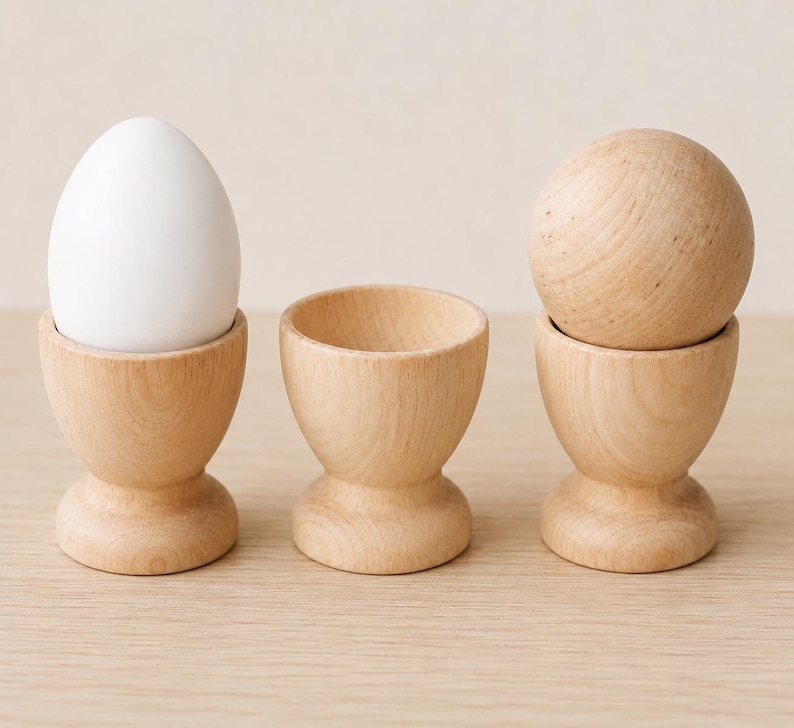 May include: Three light-colored wooden egg cups arranged in a row. The left cup holds a smooth white egg, the middle cup is empty, and the right cup holds a round, light-colored wooden sphere that matches the material of the cups.