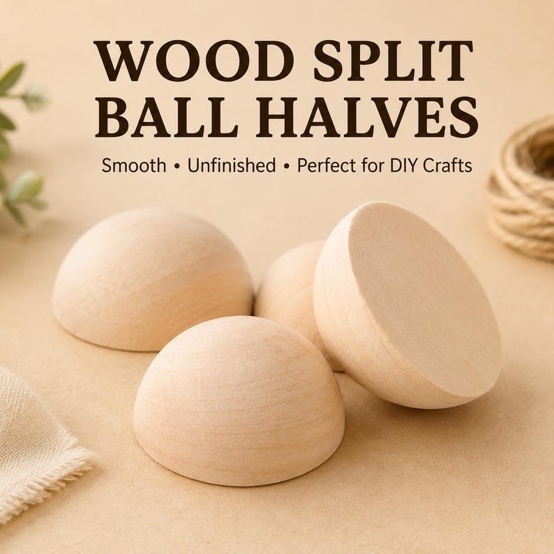 May include: Several light-coloured, smooth, unfinished wooden split ball halves arranged together. The text WOOD SPLIT BALL HALVES Smooth &bull; Unfinished &bull; Perfect for DIY Crafts is printed in dark brown letters at the top of the image.
