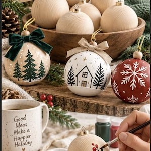 May include: A collection of round wooden ornaments for painting and decorating. The set includes plain wooden spheres, finished ornaments with painted trees, houses, and snowflakes, a paint palette, and a mug with the text Good Ideas Make a Happier Holiday.