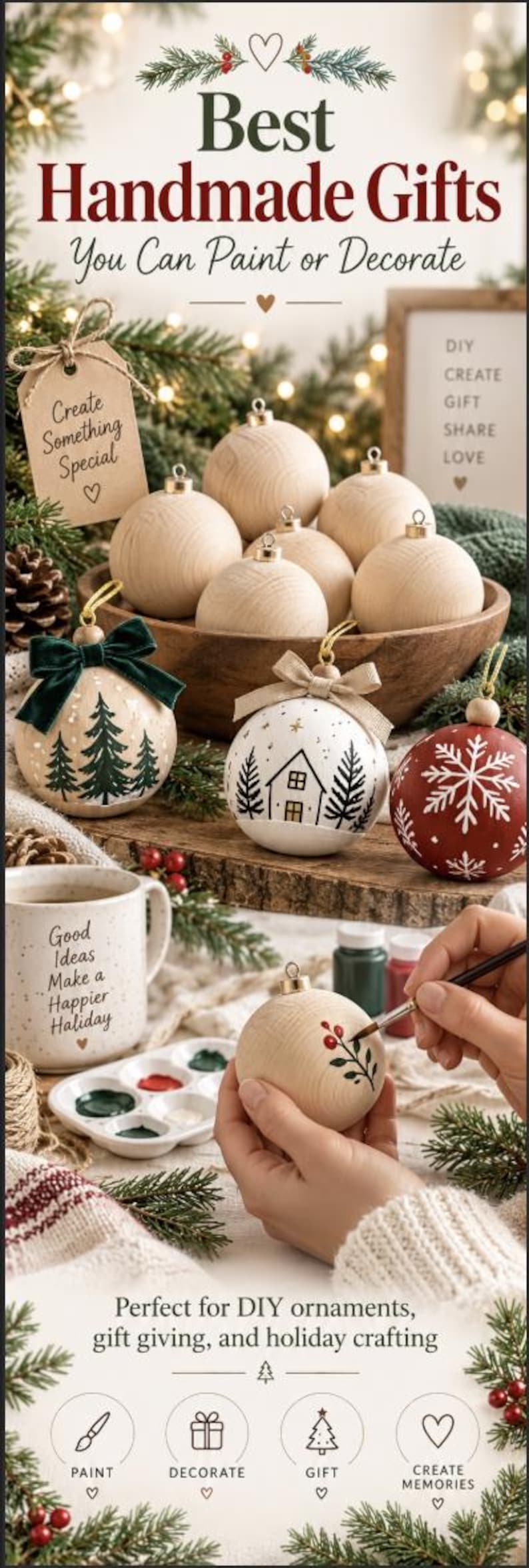 May include: A collection of round wooden ornaments for painting and decorating. The set includes plain wooden spheres, finished ornaments with painted trees, houses, and snowflakes, a paint palette, and a mug with the text Good Ideas Make a Happier Holiday.