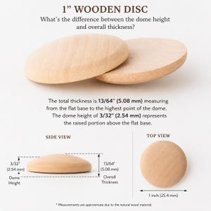 May include: A 1-inch wooden disc with a domed top. Text explains the 13/64-inch total thickness and 3/32-inch dome height. Diagrams show side and top views with measurements. The wood is light-colored with a visible grain pattern throughout.