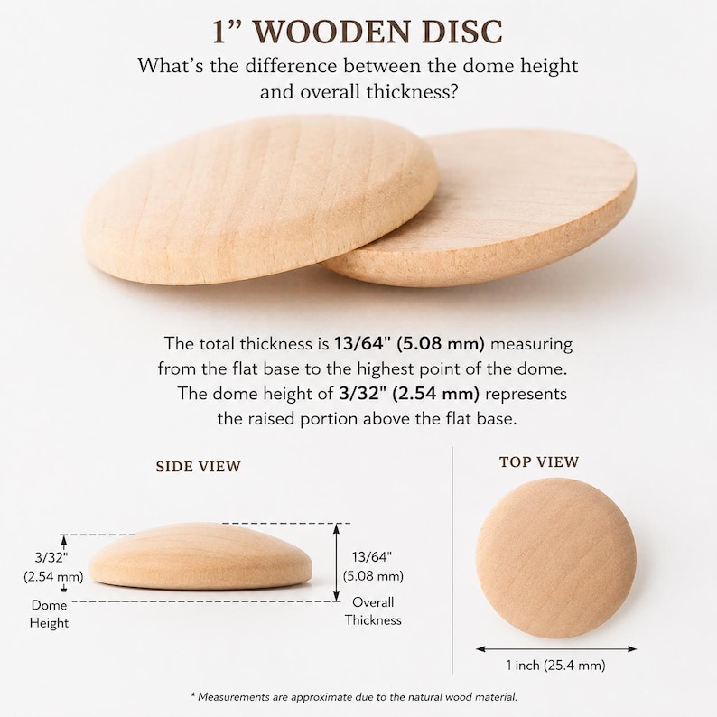 May include: A 1-inch wooden disc with a domed top. Text explains the 13/64-inch total thickness and 3/32-inch dome height. Diagrams show side and top views with measurements. The wood is light-colored with a visible grain pattern throughout.