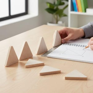 May include: A set of light-colored wooden triangles arranged on a flat surface. A metal ruler is positioned next to a spiral-bound notebook containing a hand-drawn geometric diagram of a rectangle divided by a diagonal line, drawn with a pencil.