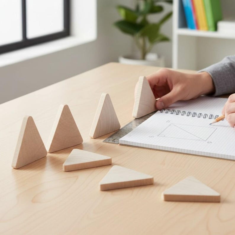 May include: A set of light-colored wooden triangles arranged on a flat surface. A metal ruler is positioned next to a spiral-bound notebook containing a hand-drawn geometric diagram of a rectangle divided by a diagonal line, drawn with a pencil.