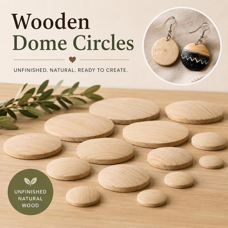 May include: A collection of unfinished natural wooden dome circles in various sizes arranged on a surface. The text reads Wooden Dome Circles, Unfinished. Natural. Ready to create, and Unfinished Natural Wood. A pair of earrings is shown.