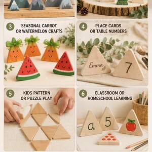 May include: A collection of unfinished light-colored wooden triangle cutouts, each measuring 2-1/2 inches on the longest side. The image displays various creative applications including painted mountain scenes, tree shapes, seasonal crafts, place cards, and educational tools.