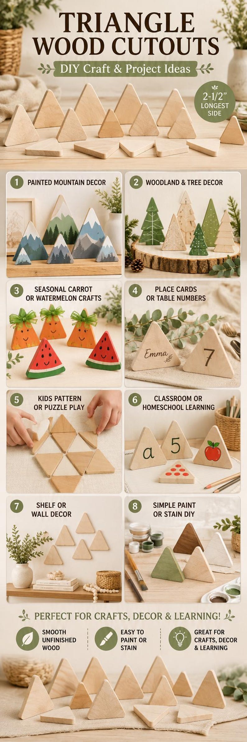 May include: A collection of unfinished light-colored wooden triangle cutouts, each measuring 2-1/2 inches on the longest side. The image displays various creative applications including painted mountain scenes, tree shapes, seasonal crafts, place cards, and educational tools.