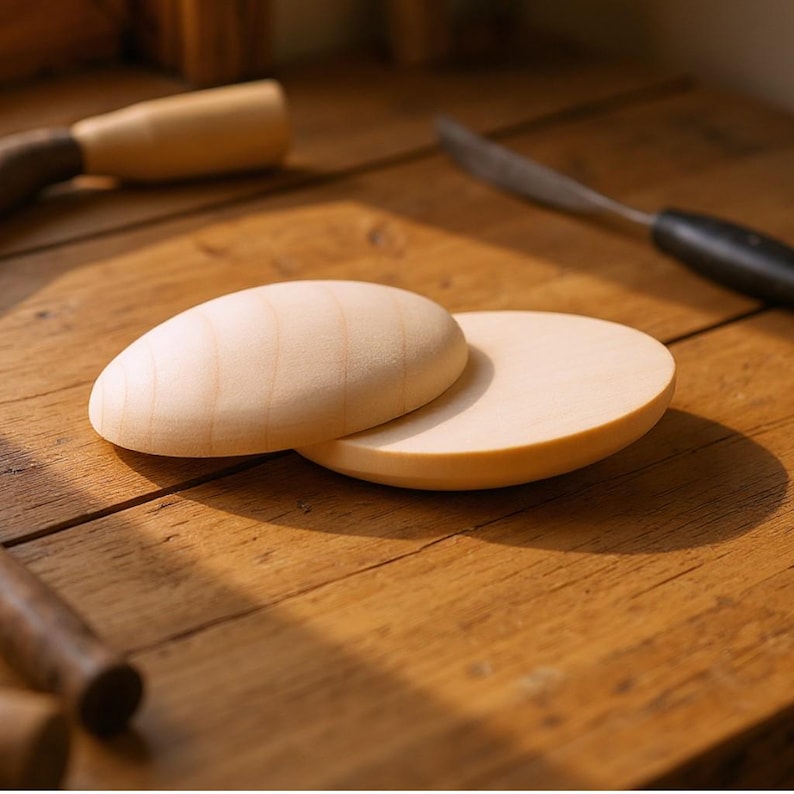 May include: Two smooth, unfinished light-colored wooden discs with a rounded, convex top surface. The circular wooden pieces are stacked slightly overlapping, showcasing a natural grain pattern and a clean, sanded texture on the exterior.