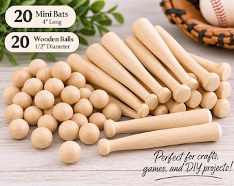 May include: A collection of 20 light-colored wooden mini baseball bats measuring 4 inches long and 20 wooden balls with a 1/2 inch diameter. The text on the image reads 20 Mini Bats 4 inches Long, 20 Wooden Balls 1/2 inch Diameter.