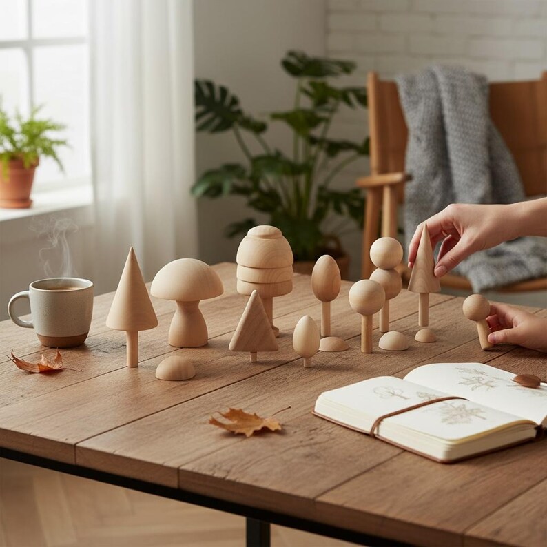 May include: A collection of light-colored wooden figures in various geometric shapes including cones, spheres, and mushroom-like forms arranged on a wooden surface alongside a ceramic mug and an open sketchbook with botanical illustrations.