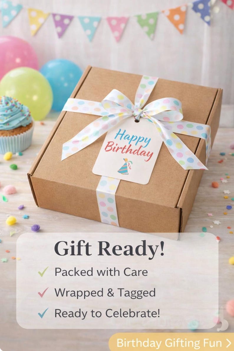 May include: A brown gift box tied with a white ribbon featuring colorful polka dots. A tag with "Happy Birthday" is attached. The image includes balloons, a cupcake, and the text "Gift Ready!"