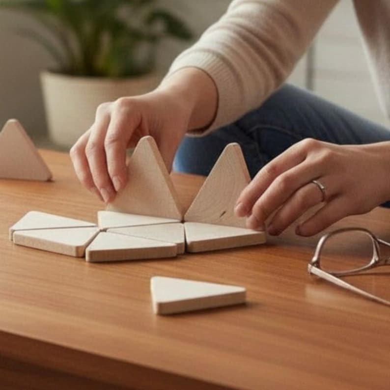 May include: A set of light-colored wooden triangle blocks arranged on a flat surface. The blocks are smooth, unfinished, and geometric in shape, with several pieces laid out in a pattern while others remain separate, showcasing the natural wood grain.
