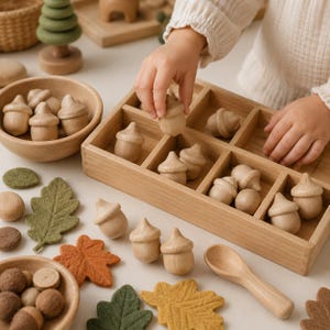 Pu&ograve; includere: Un set di giocattoli in legno a forma di ghianda, foglie in feltro verdi, arancioni e gialle e un cucchiaio di legno. Le ghiande sono disposte in un vassoio di legno a scomparti e in una piccola ciotola. Include palline in legno e feltro.