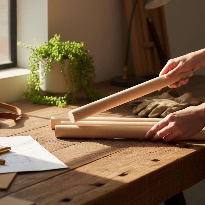 May include: A set of smooth, cylindrical light-colored wooden dowels. One dowel is held at an angle above a group of three identical dowels resting on a flat surface. The wood has a natural, pale grain finish with a consistent, uniform shape.