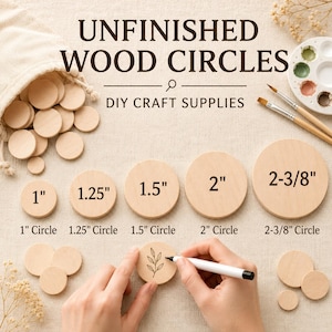 Puede incluir: Círculos de madera sin terminar en varios tamaños con diámetros de 2,54 cm, 3,18 cm, 3,81 cm, 5,08 cm y 6,03 cm. El set incluye una bolsa con cordón, pinceles y una paleta de pintura. El texto dice: UNFINISHED WOOD CIRCLES DIY CRAFT SUPPLIES.